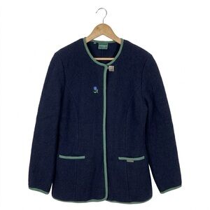 Geiger 100% Wool Navy Blue Floral Embroidered Button Front Blazer Size 10 Medium